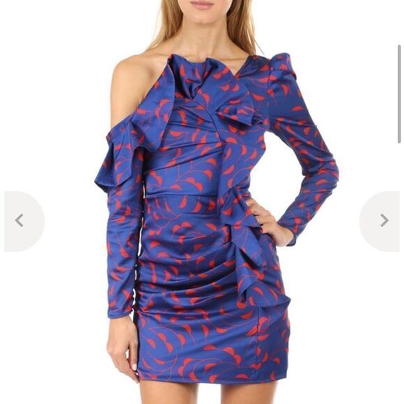 Self-Portrait Dresses & Skirts - Self Portrait Blue Red One Shoulder Ruffle Dress